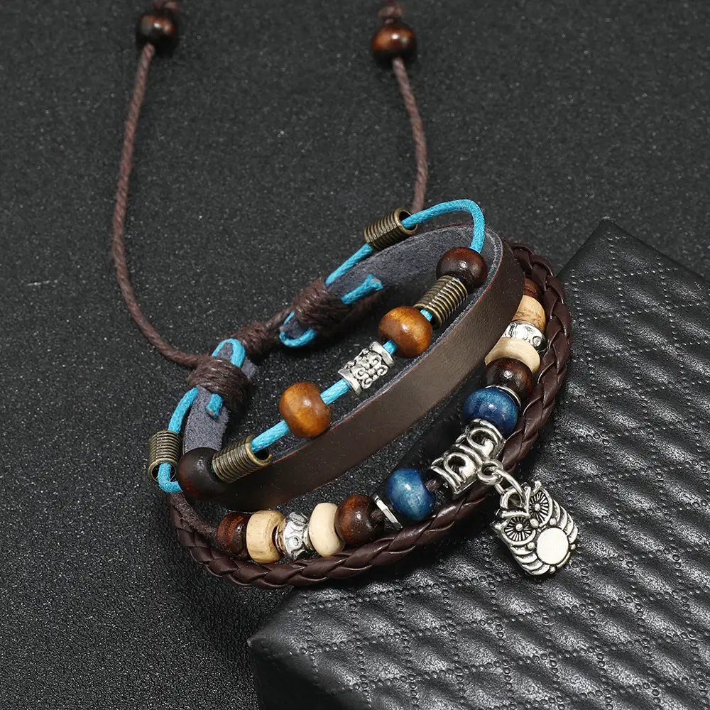 Adjustable Leather Bracelet with Owl Pendant & Cowhide Beads — feature 6