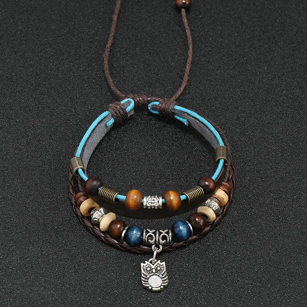 Adjustable Leather Bracelet with Owl Pendant & Cowhide Beads — feature 7