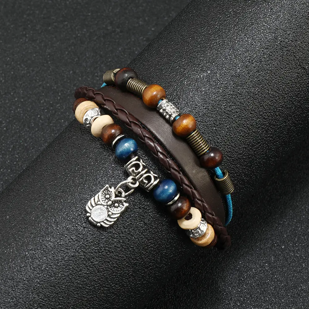 Adjustable Leather Bracelet with Owl Pendant & Cowhide Beads — feature 8