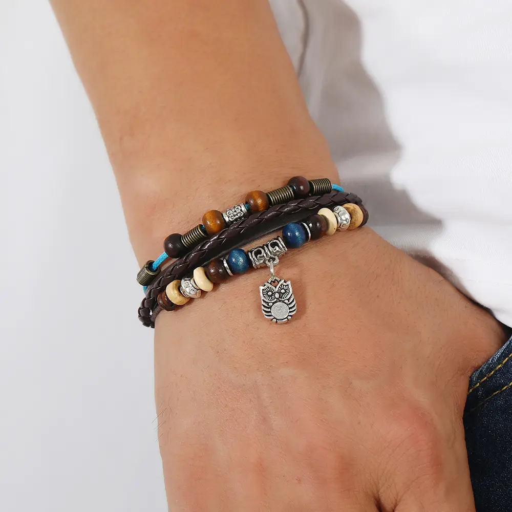 Adjustable Leather Bracelet with Owl Pendant & Cowhide Beads — feature 9