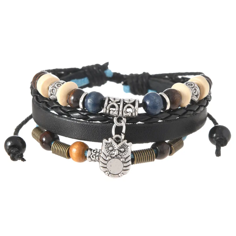 Adjustable Leather Bracelet with Owl Pendant & Cowhide Beads - Image 2