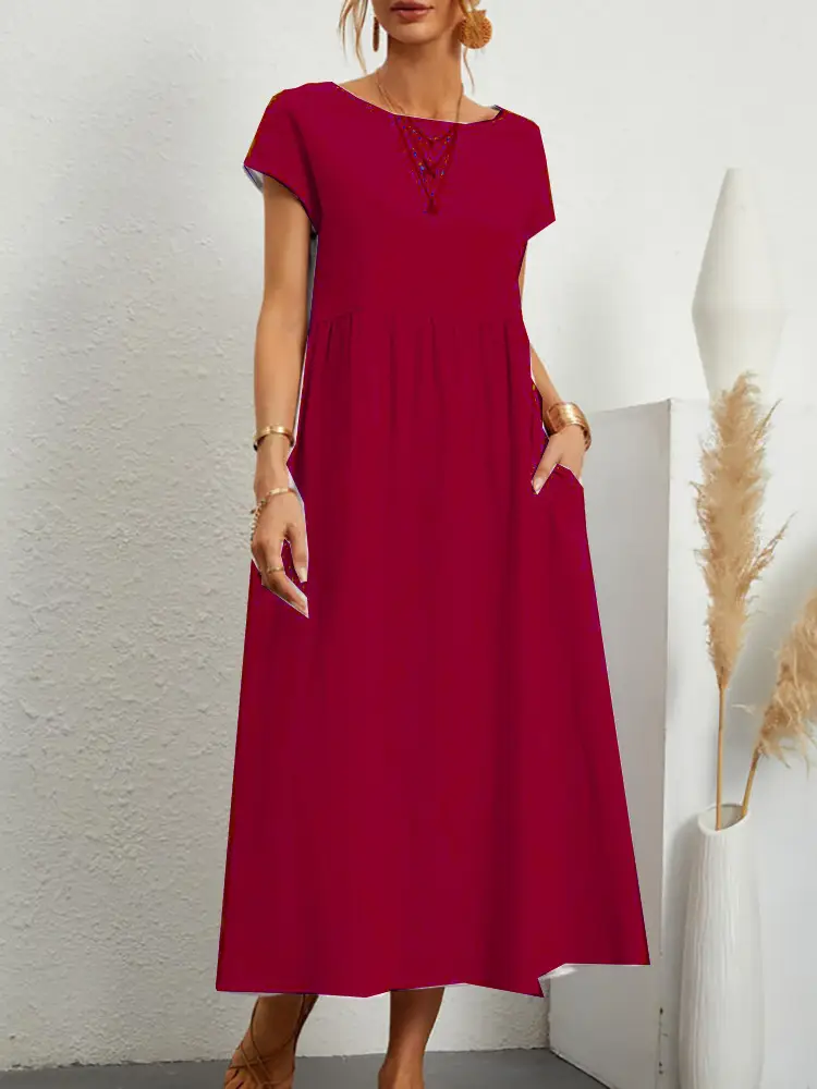 Women's Maroon Sleeveless Cotton Dress 2024 - Image 6