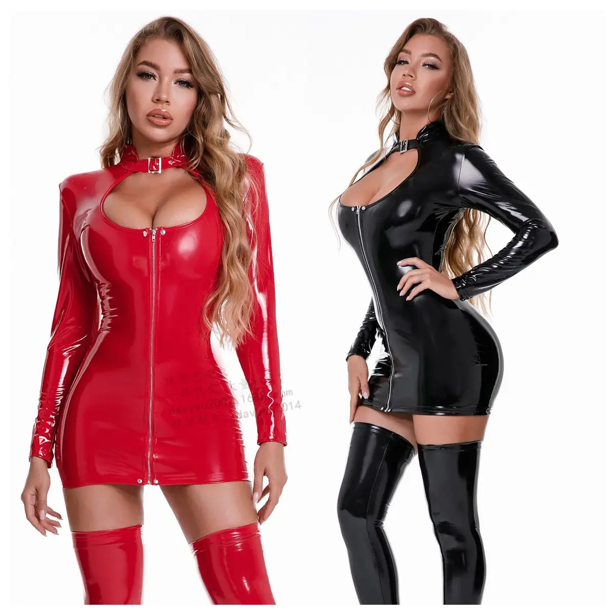 Red & Black Zipper Nightclub Bodysuit High-Elastic Patent Leather - Image 10