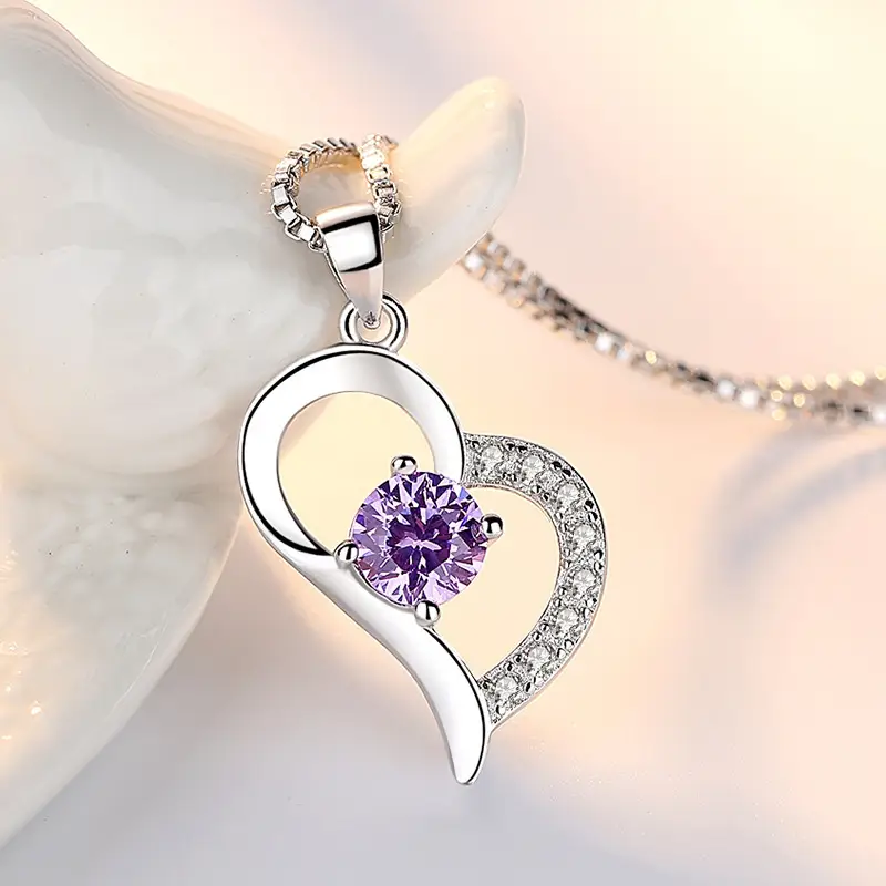 Silver Plated Heart Necklace with Purple Gemstone Pendant - Image 5