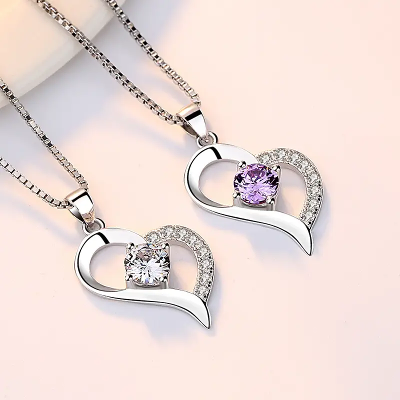 Silver Plated Heart Necklace with Purple Gemstone Pendant - Image 6