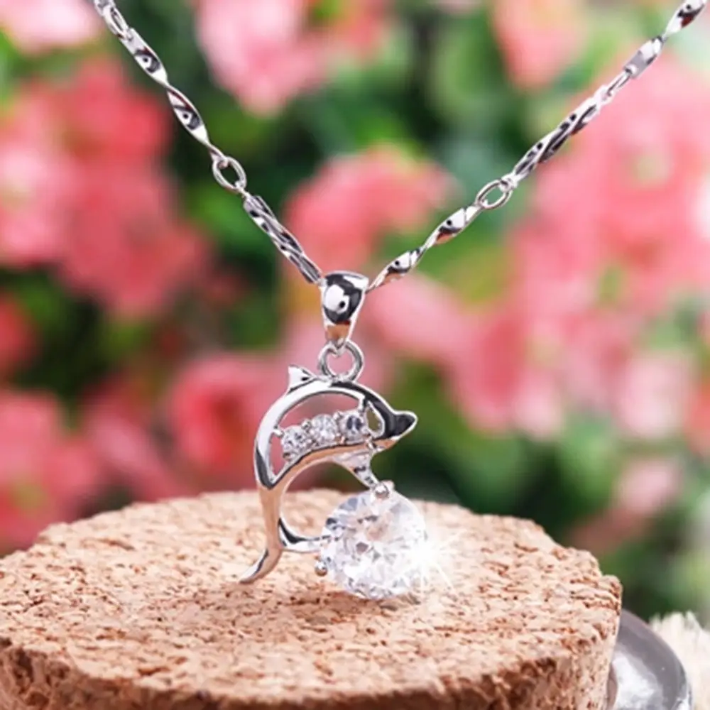 Women's Silver Plated Dolphin Pendant Necklace with Crystal Center Stone