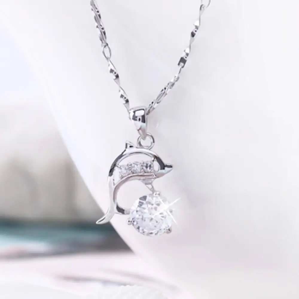 Women's Silver Plated Dolphin Pendant Necklace with Crystal Center Stone