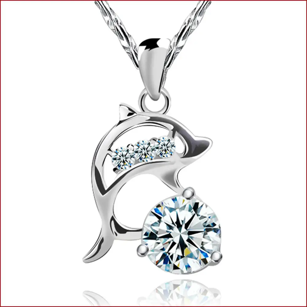Women's Silver Plated Dolphin Pendant Necklace with Crystal Center Stone
