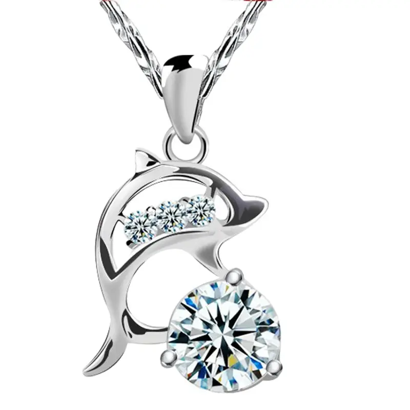 Women's Silver Plated Dolphin Pendant Necklace with Crystal Center Stone