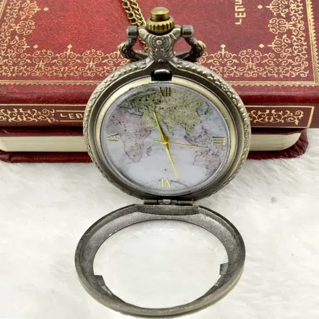 Retro Map Pocket Watch for Men Women Gold Chain - Image 2