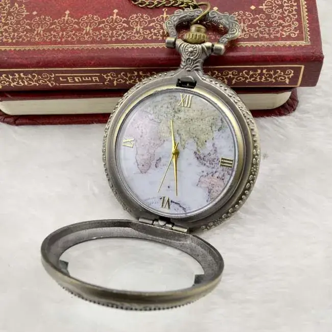 Retro Map Pocket Watch for Men Women Gold Chain - Image 3