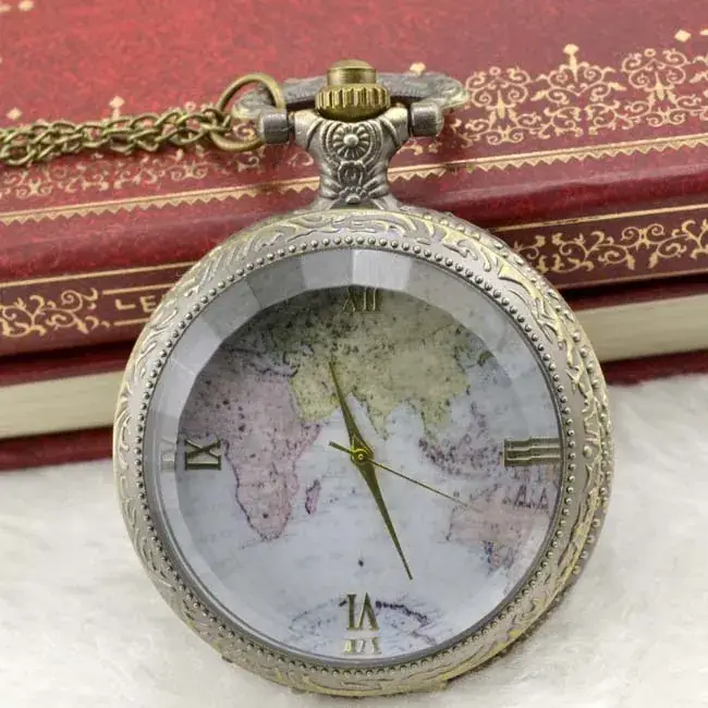 Retro Map Pocket Watch for Men Women Gold Chain