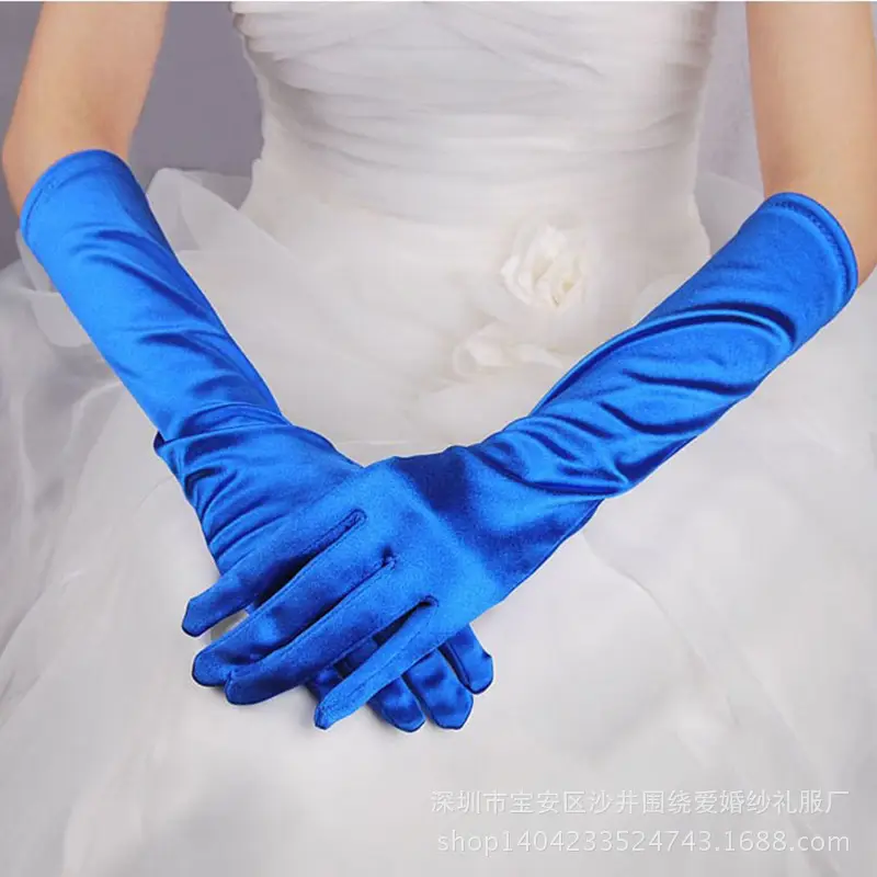 Black Stretch Satin Finger Light Panel Gloves for Bride Wedding - Image 2