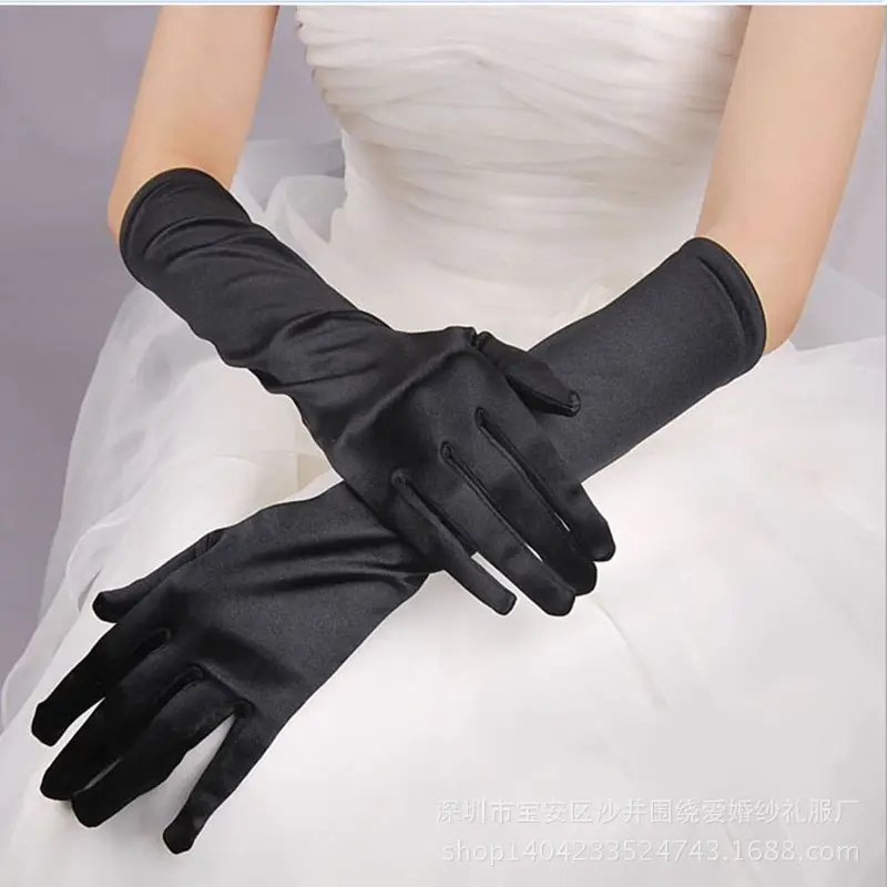 Black Stretch Satin Finger Light Panel Gloves for Bride Wedding - Image 3