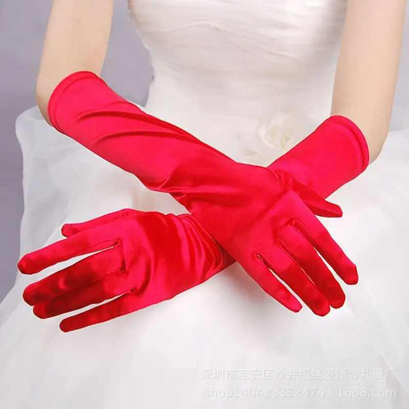 Black Stretch Satin Finger Light Panel Gloves for Bride Wedding - Image 4