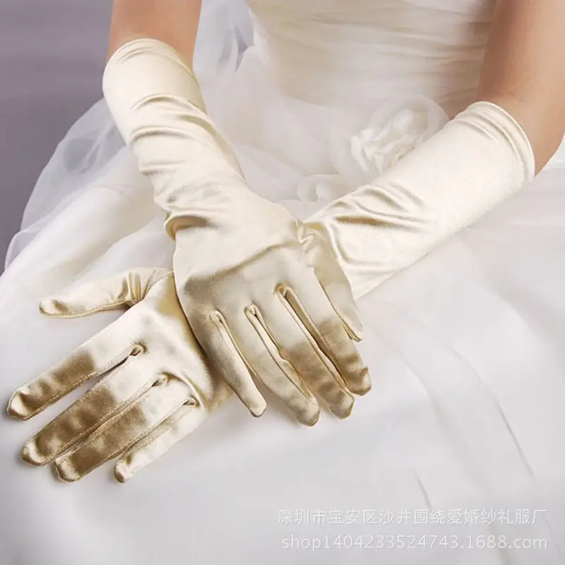 Black Stretch Satin Finger Light Panel Gloves for Bride Wedding - Image 5