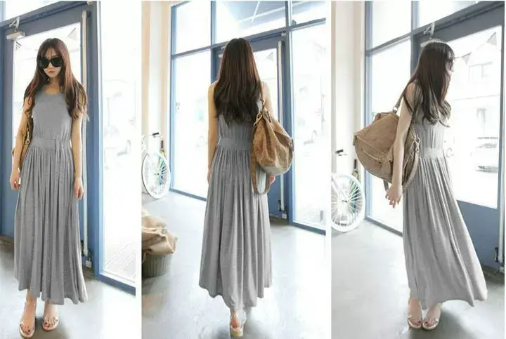 Women's Korean Style High Waist Pleated Strap Dress Grey — feature 5