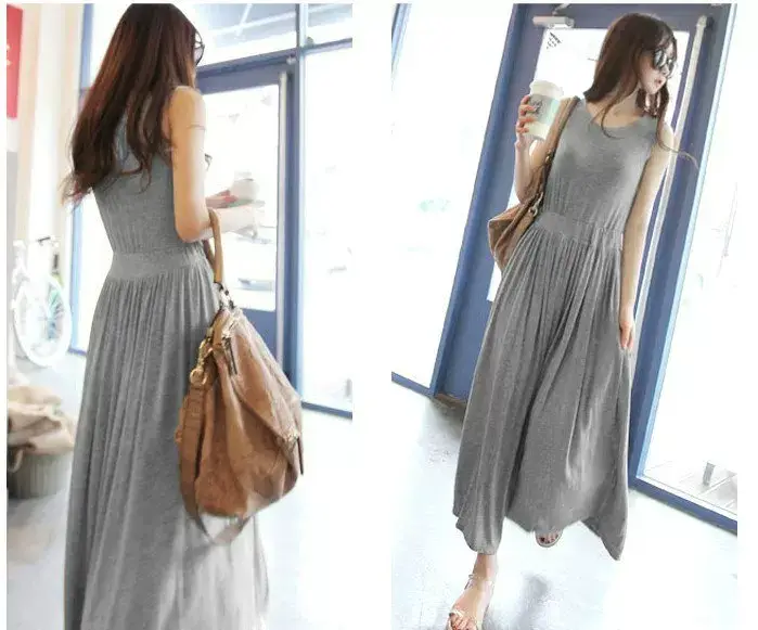 Women's Korean Style High Waist Pleated Strap Dress Grey — feature 6