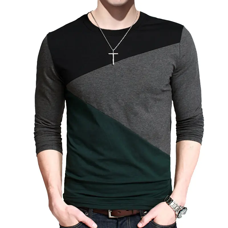 Men Spliced Cotton Long Sleeve T-Shirt Black Green - Image 7