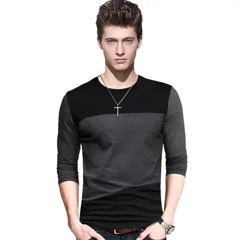 Men Spliced Cotton Long Sleeve T-Shirt Black Green - Image 2