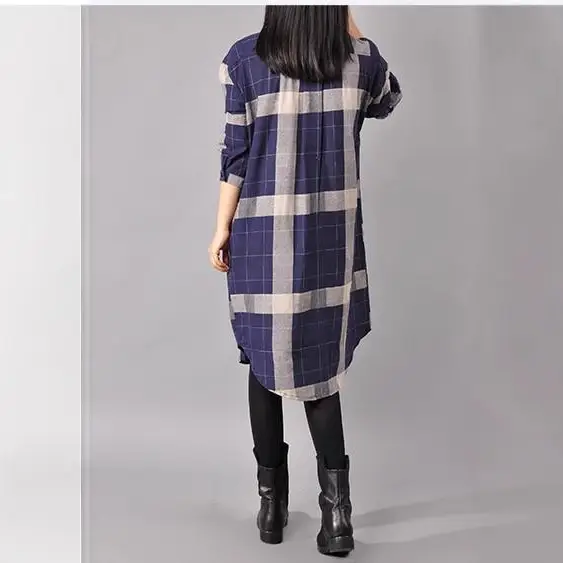 2018 Korean Style Plaid Cotton Linen Shirt Dress Large