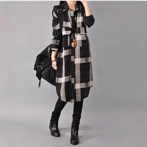 2018 Korean Style Plaid Cotton Linen Shirt Dress Large