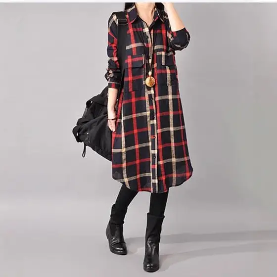 2018 Korean Style Plaid Cotton Linen Shirt Dress Large