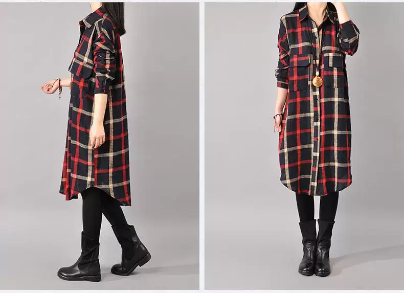 2018 Korean Style Plaid Cotton Linen Shirt Dress Large — feature 10