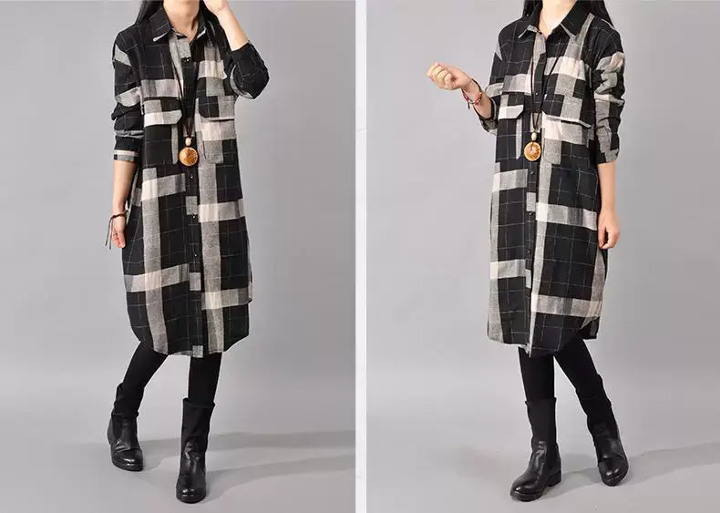 2018 Korean Style Plaid Cotton Linen Shirt Dress Large — feature 12