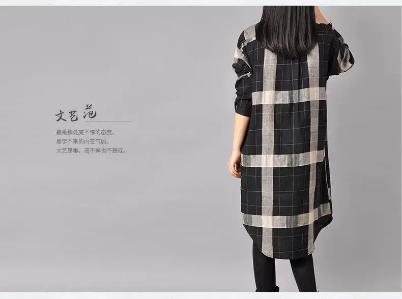 2018 Korean Style Plaid Cotton Linen Shirt Dress Large — feature 13