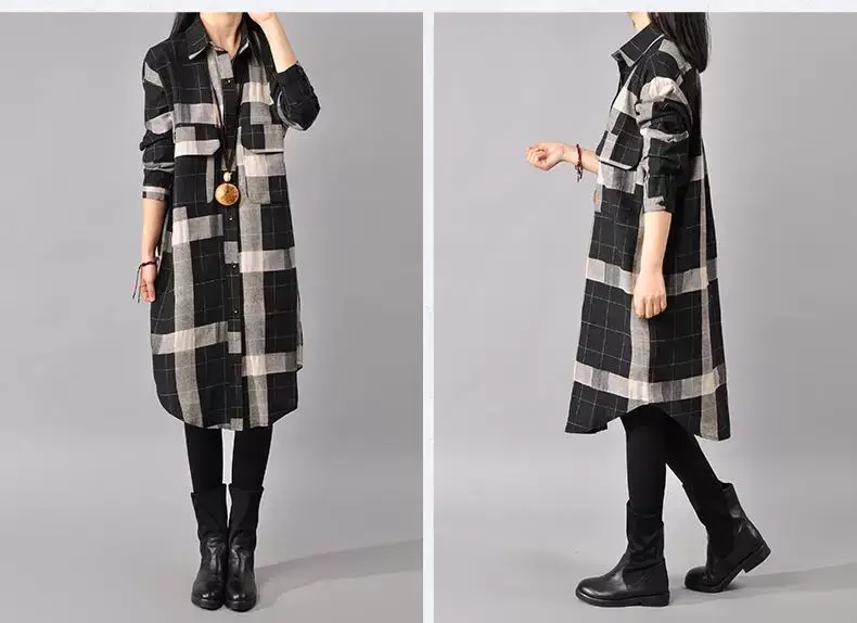 2018 Korean Style Plaid Cotton Linen Shirt Dress Large — feature 14