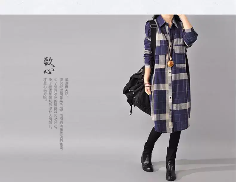 2018 Korean Style Plaid Cotton Linen Shirt Dress Large — feature 4