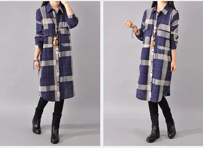 2018 Korean Style Plaid Cotton Linen Shirt Dress Large — feature 5
