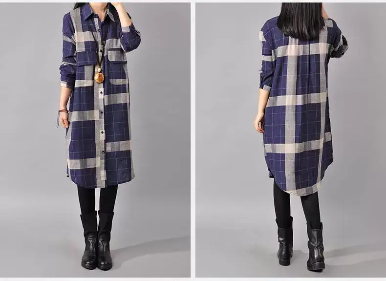 2018 Korean Style Plaid Cotton Linen Shirt Dress Large — feature 7