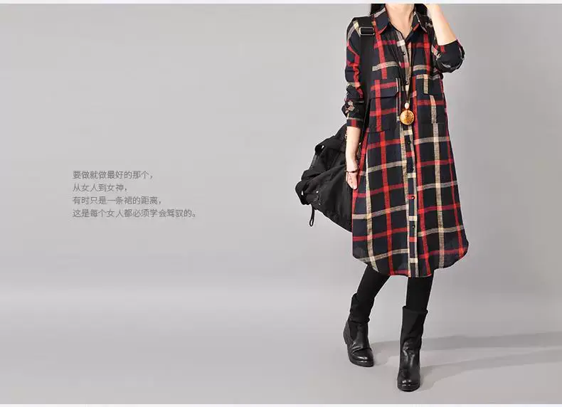 2018 Korean Style Plaid Cotton Linen Shirt Dress Large — feature 8