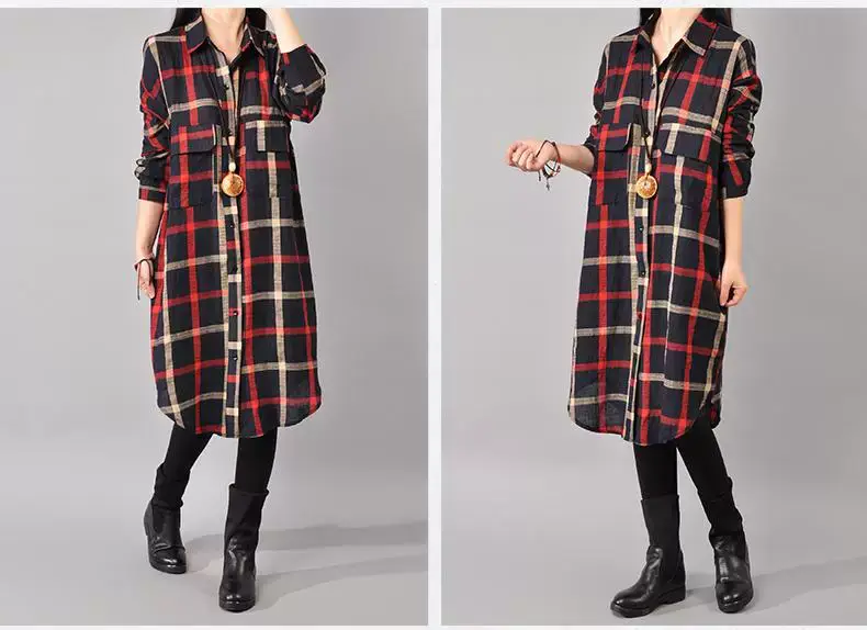 2018 Korean Style Plaid Cotton Linen Shirt Dress Large — feature 9