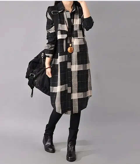 2018 Korean Style Plaid Cotton Linen Shirt Dress Large