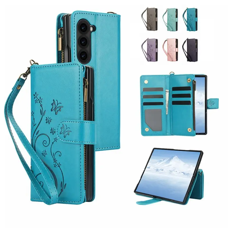 Foldable Butterfly Zipper Mobile Phone Case Mint Leather