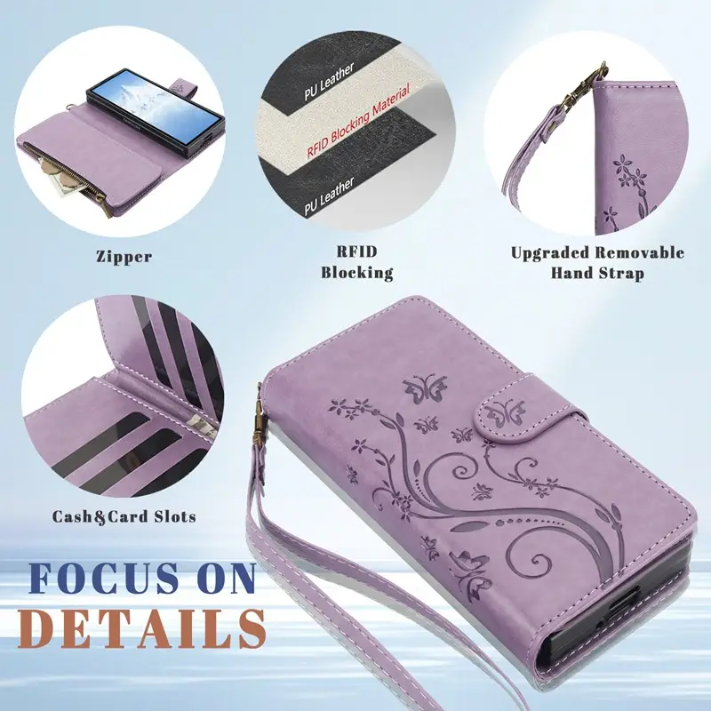 Foldable Butterfly Zipper Mobile Phone Case Mint Leather