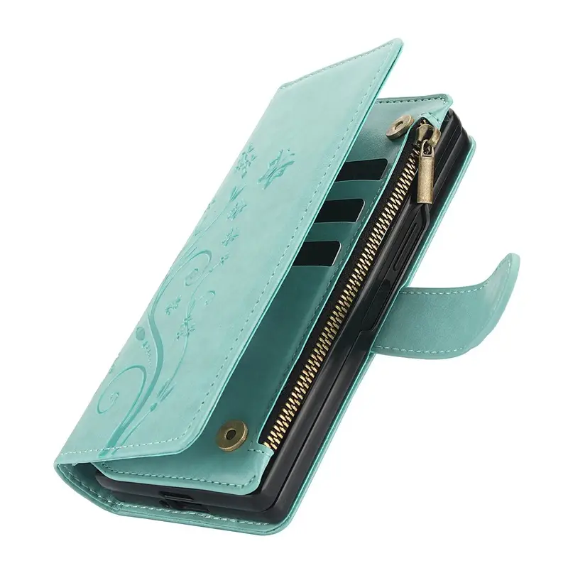 Foldable Butterfly Zipper Mobile Phone Case Mint Leather