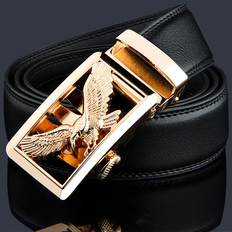 Men's Black Leather Belt with Gold Eagle Buckle - Image 4