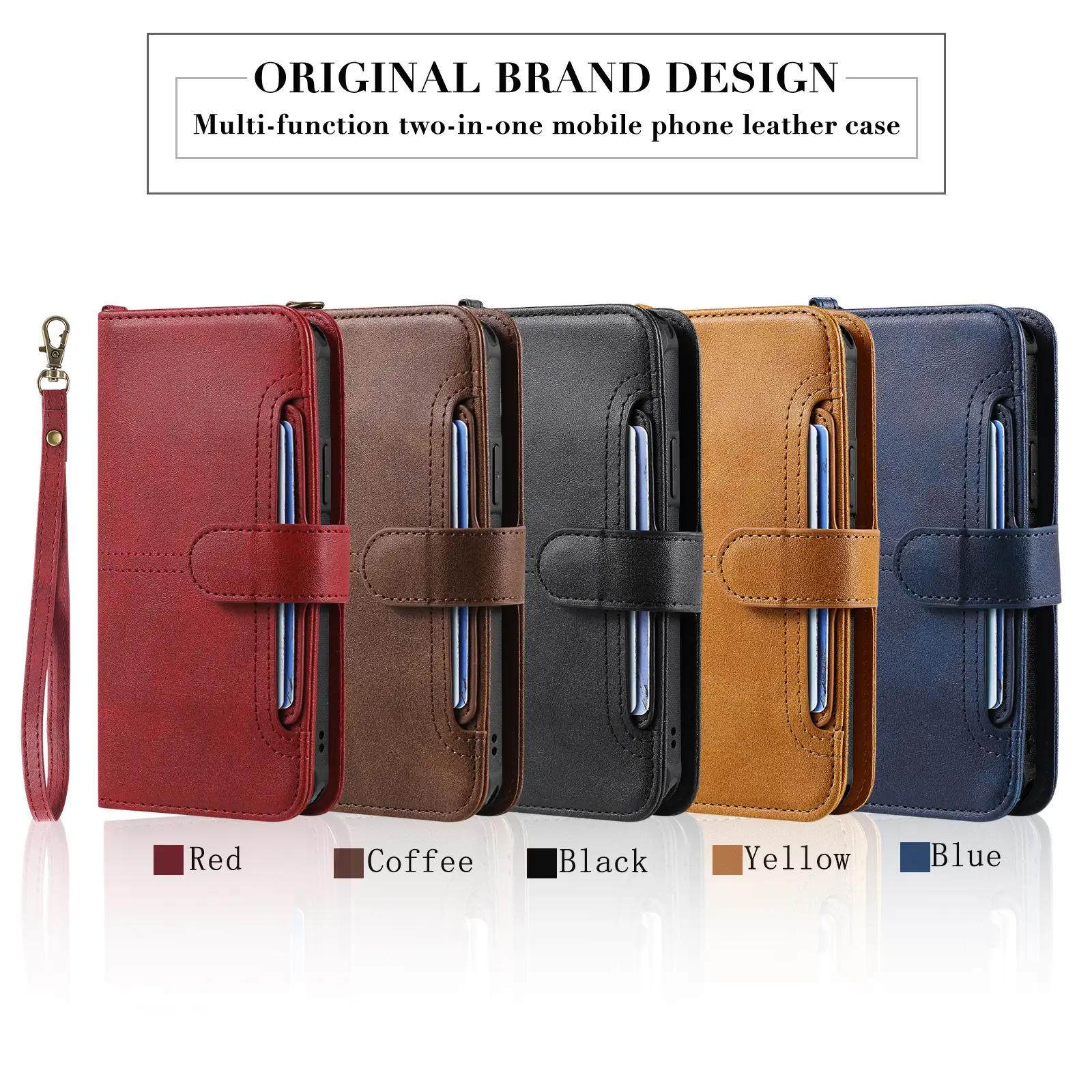 Two-In-One Phone Leather Case with Wristlet & Card Stand
