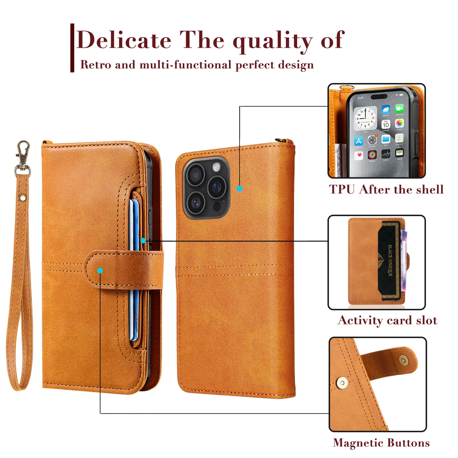 Two-In-One Phone Leather Case with Wristlet & Card Stand