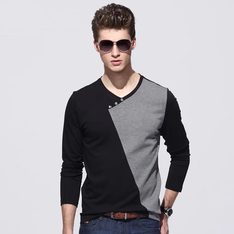 Men's Black Geometric V-Neck T-Shirt 8200