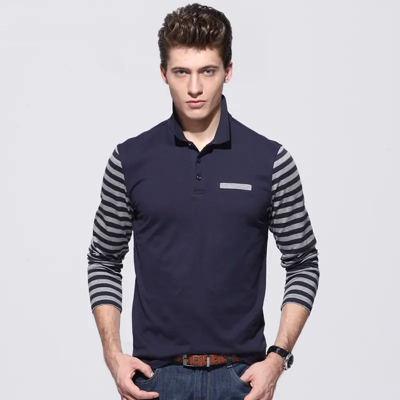 Men's Navy Striped Polo Shirt Long Sleeve Contrast Stitching - Image 2