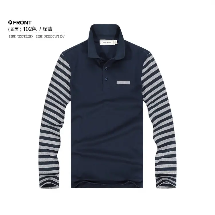 Men's Navy Striped Polo Shirt Long Sleeve Contrast Stitching - Image 5