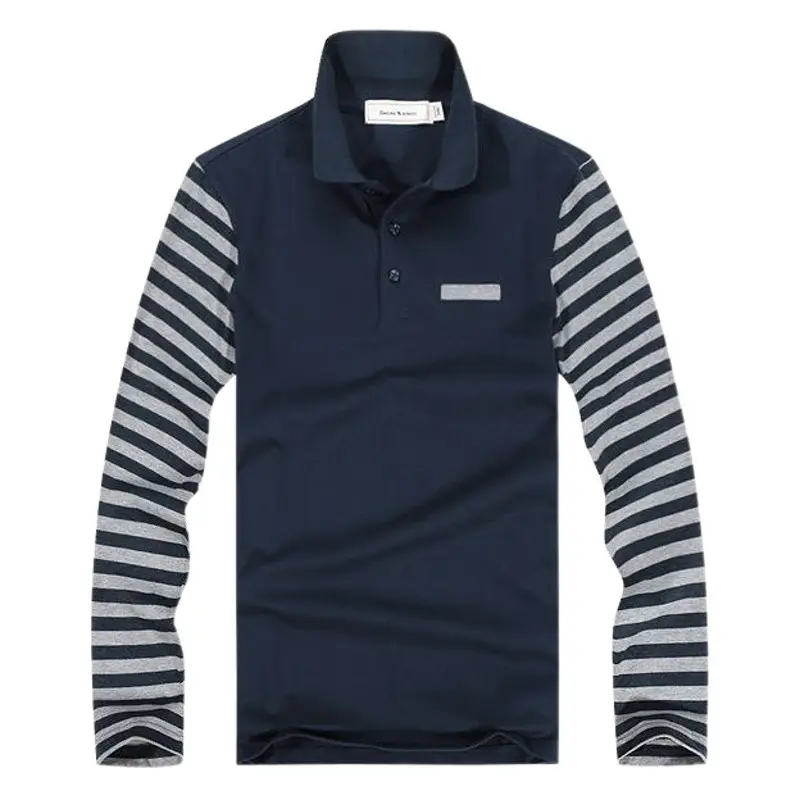 Men's Navy Striped Polo Shirt Long Sleeve Contrast Stitching