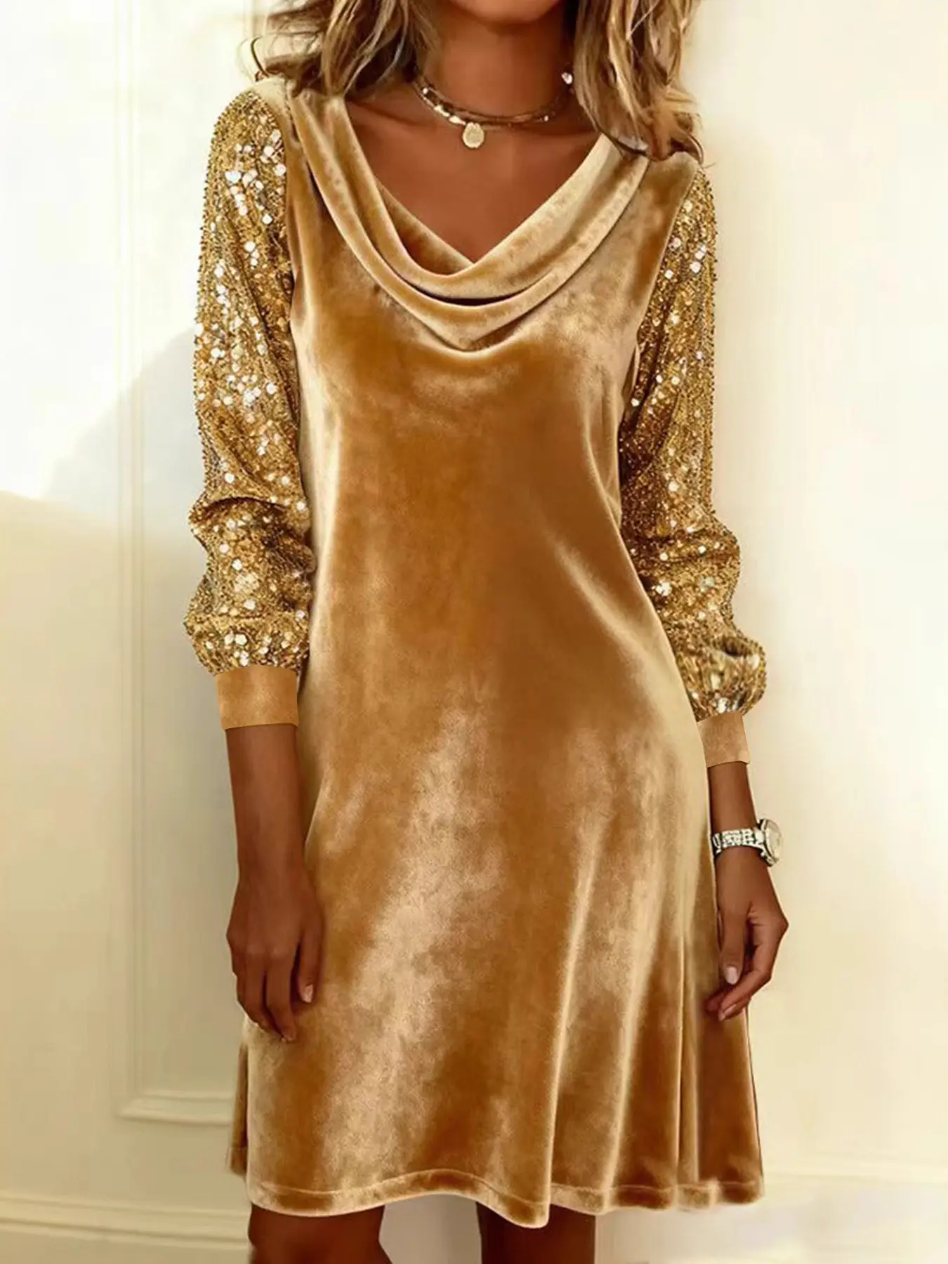 Women Velvet Sequin Dress Black Long Sleeve - Image 6