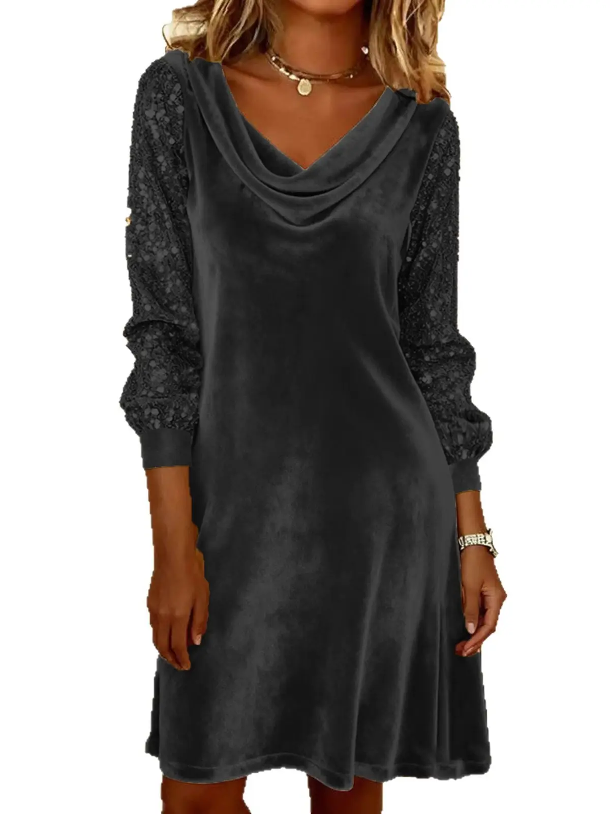 Women Velvet Sequin Dress Black Long Sleeve - Image 7