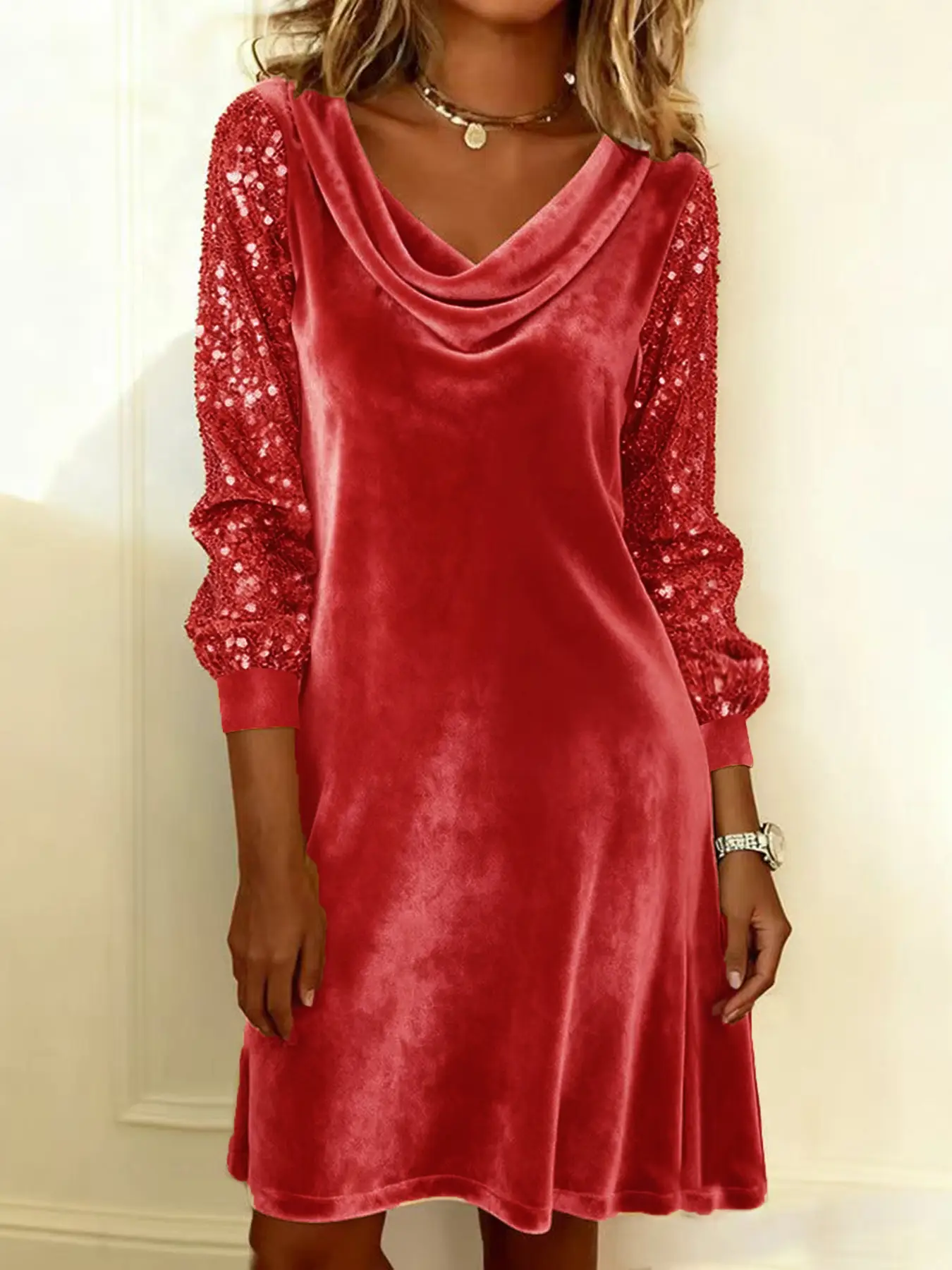 Women Velvet Sequin Dress Black Long Sleeve - Image 8